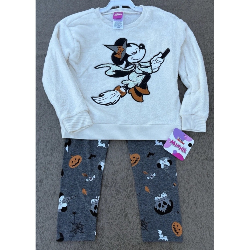 DISNEY Halloween 2 Pc Outfit Minnie Mouse Glitter Witch Fleece Top Size 5 NWT